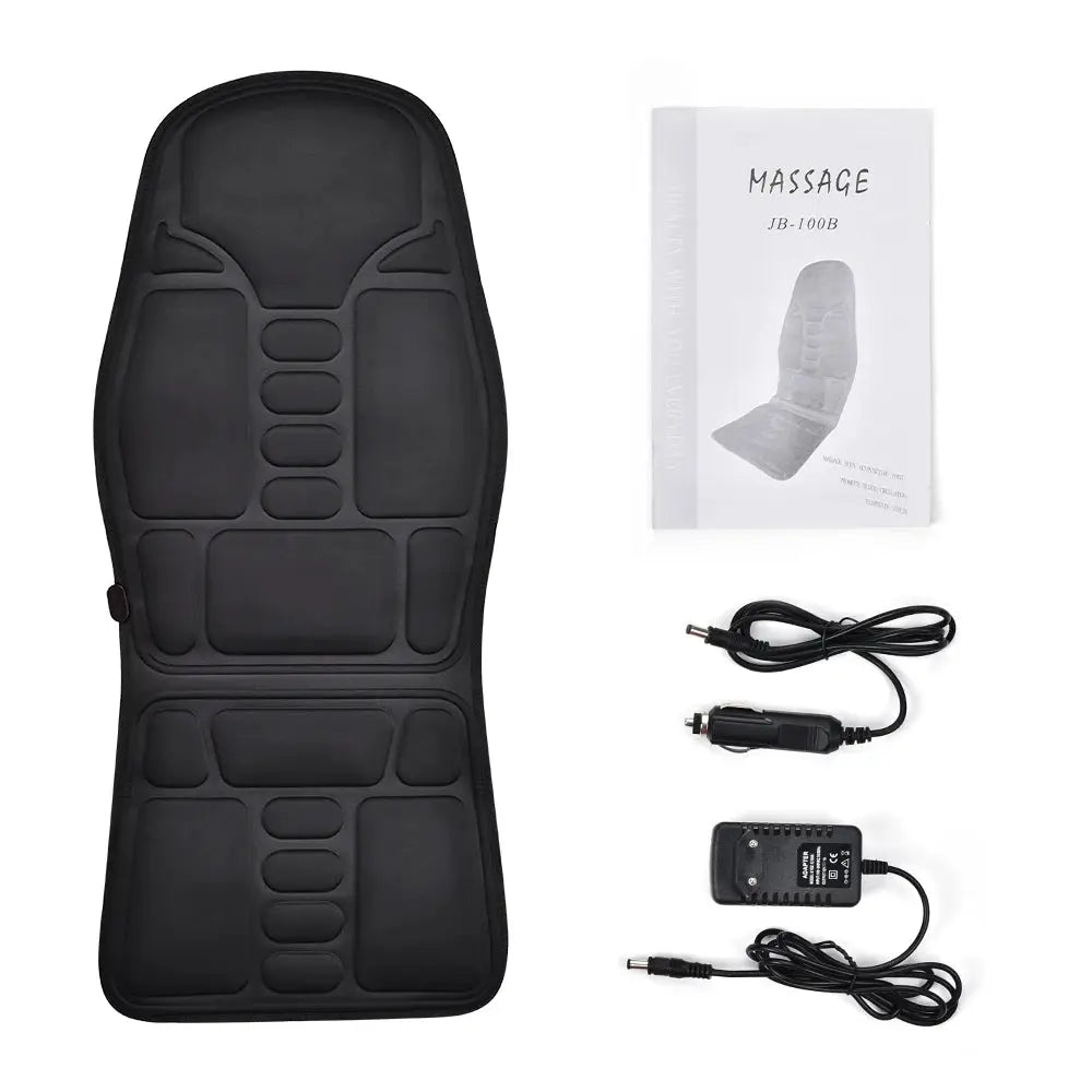 Massager chair pad with heating and vibration; black back cushion, includes car and home adapters and manual.
