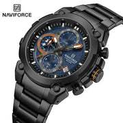 NAVIFORCE men's military-style wristwatch with black metal band, blue dial and chronograph subdials