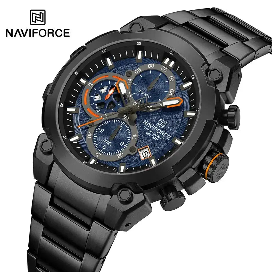 NAVIFORCE men's military-style wristwatch with black metal band, blue dial and chronograph subdials