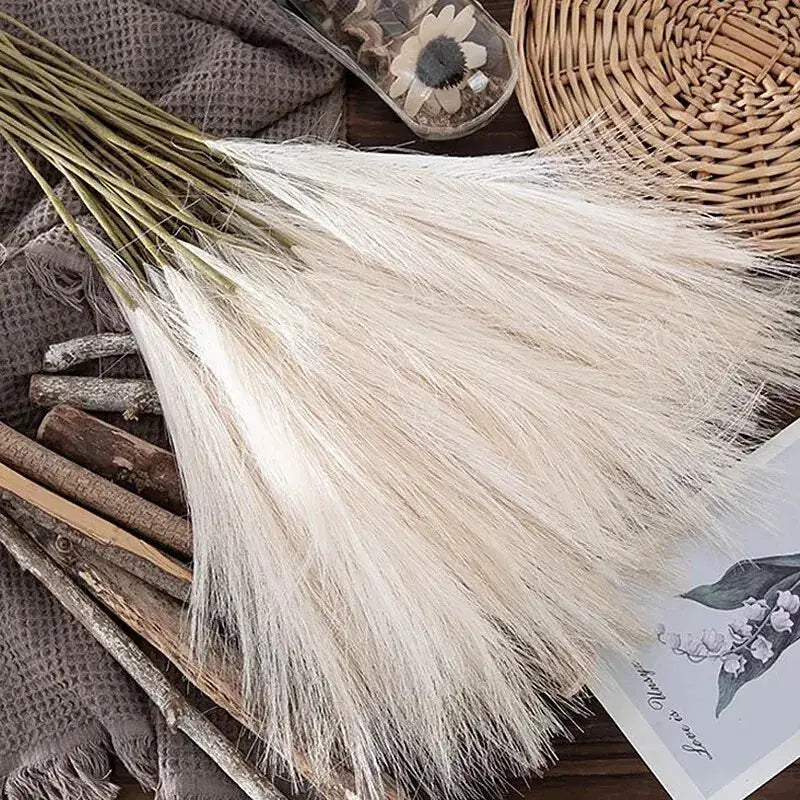10pcs artificial pampas reed bouquet, cream-white plumes for boho home decor and weddings