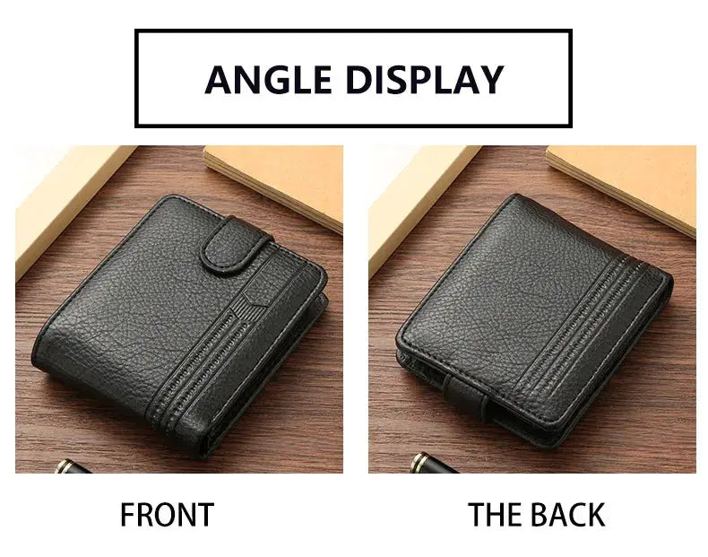 Simples Market men's black leather slim bifold wallet with ID window and coin pouch; front and back views