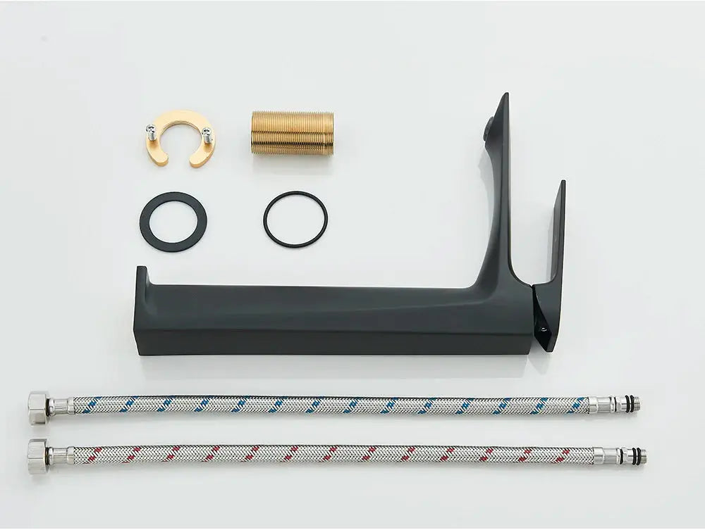 Black deck-mounted bathroom faucet with single lever, two braided hoses, and mounting hardware