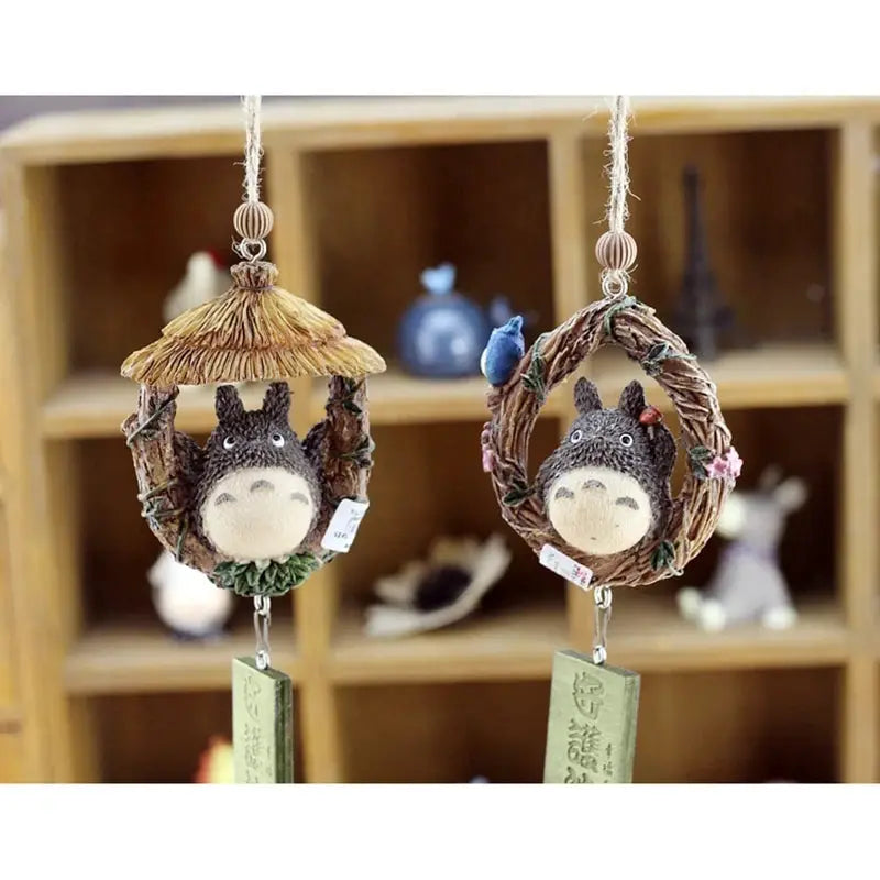 Resin wind chime ornaments by Simples Market; two rustic wicker wreath figures with cute animal characters on twine