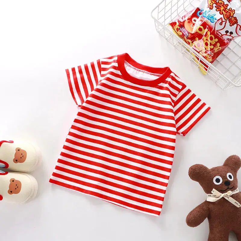 100 Percent Cotton Striped T Shirt For Kids 4 To 6 Years Red Tee Boys And Girls Wholesale Tops Childrens Clothing 2026
