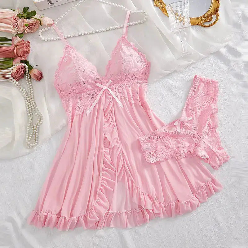 DreamLace 2 Piece Lace Nightgown Set With V Neck Bra And Panty Transparent Split Design For Summer Comfort