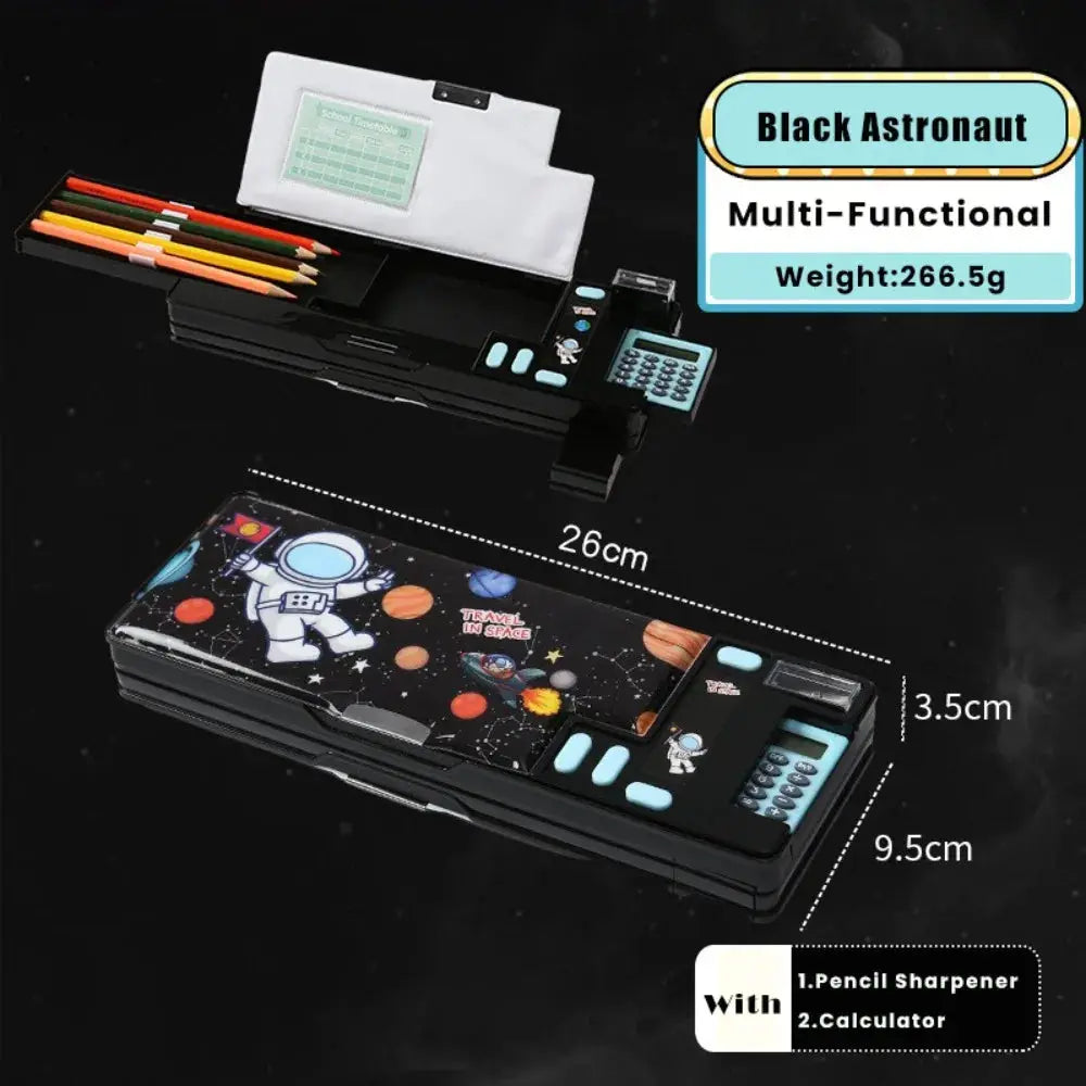 Plastic Pencil Case with Calculator and Sharpener – Black Astronaut design, Simples Market, 26cm