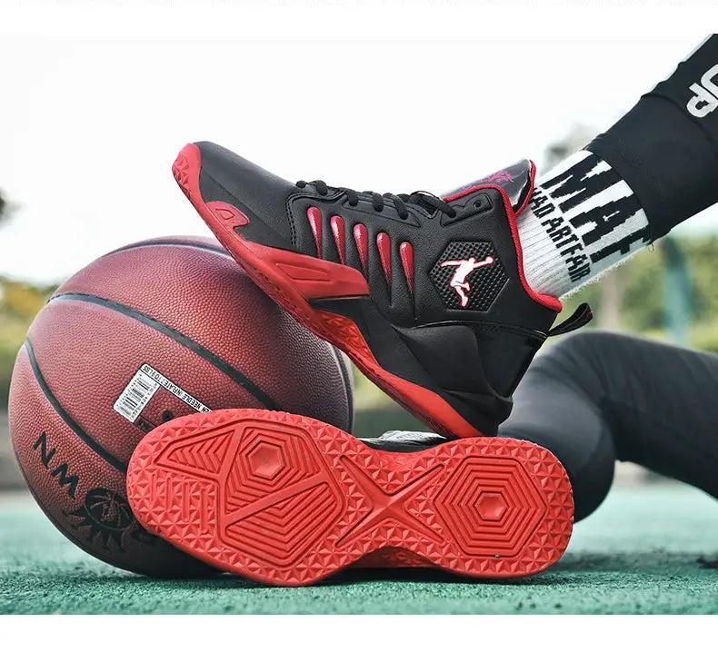 Men's basketball sneakers by Simples Market, black with red outsole and logo accent