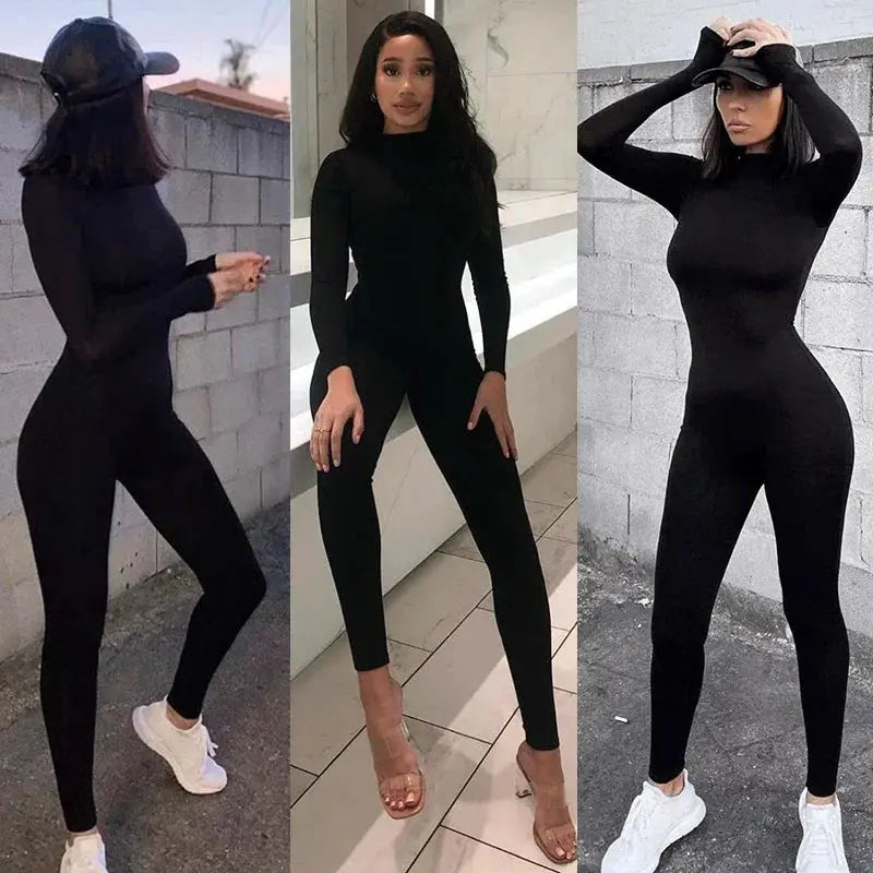 Simples Market women's solid black long-sleeve ski jumpsuit with elastic fit, slim athletic romper.