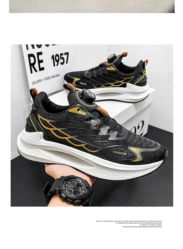 Simples Market men's breathable sports shoes with rotating buckle, black mesh, gold accents, white sole 2 pairs