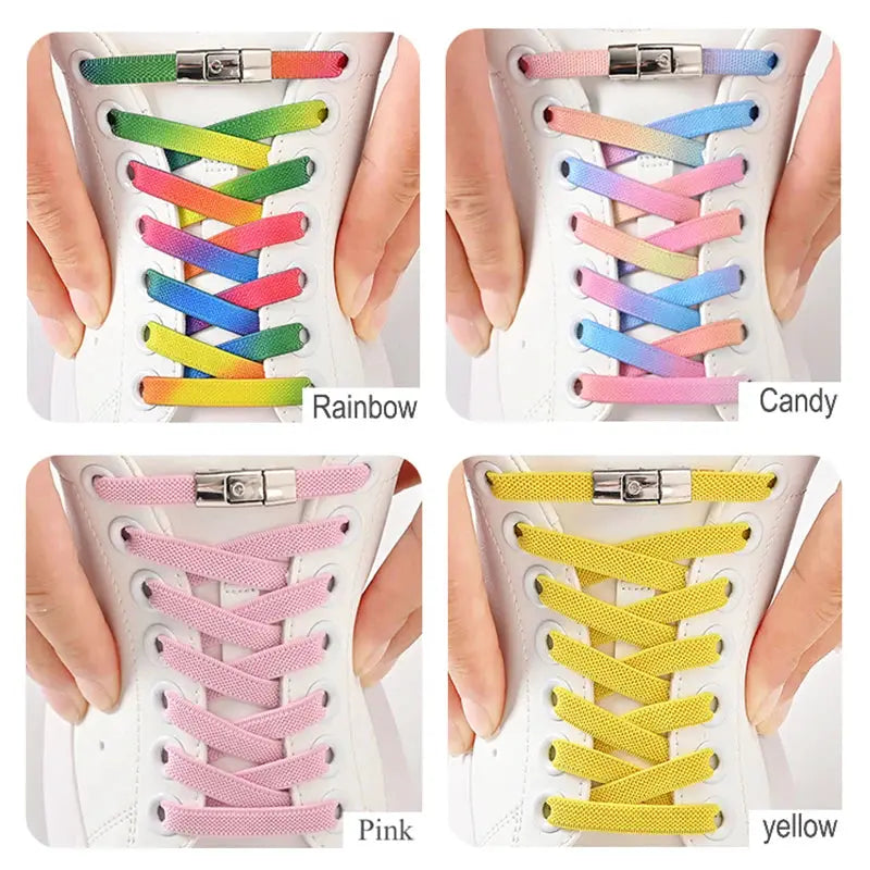 Simples Market 8mm no-tie elastic shoe laces, 4-color set; rainbow, candy, pink, yellow on white sneakers