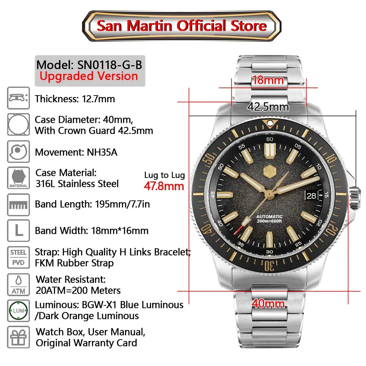 San Martin SN0118 dive watch, 40mm case, NH35A auto, 200m water resistance, black dial with gold indices