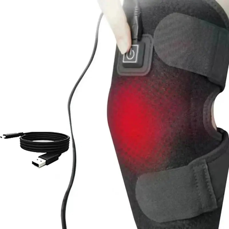 Simples Market electric knee heating pad; USB-powered knee brace with adjustable wrap and red heated area.