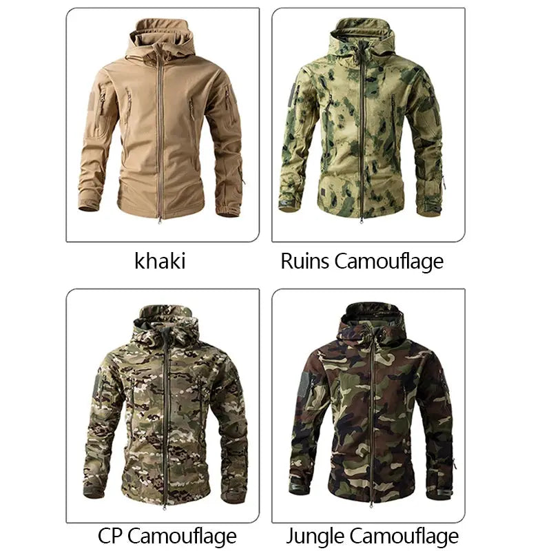 Four men's Lurker Shark Skin soft shell tactical jackets in khaki and camouflage patterns by Simples Market