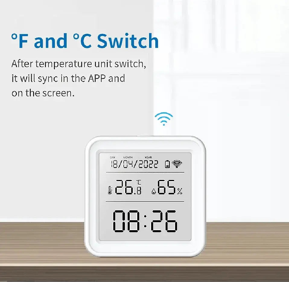 White Tuya Zigbee WiFi temperature humidity sensor and thermometer with digital display
