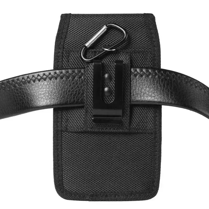 Mobile phone waist bag, black nylon holster with belt loop and metal clip