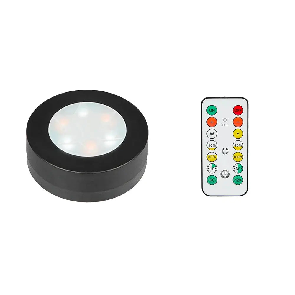 Black round LED under-cabinet light by Simples Market with remote, dimmable CCT 3000–6500K