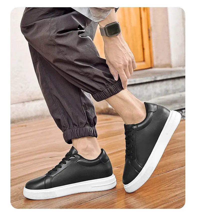 Men's black leather elevator sneakers with white sole and 6-10 cm height-boosting insole
