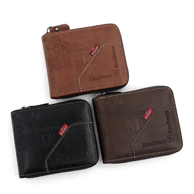 Men Zipper Wallet Short Card Holder Vintage PU Leather Coin Pocket Wallet High Quality