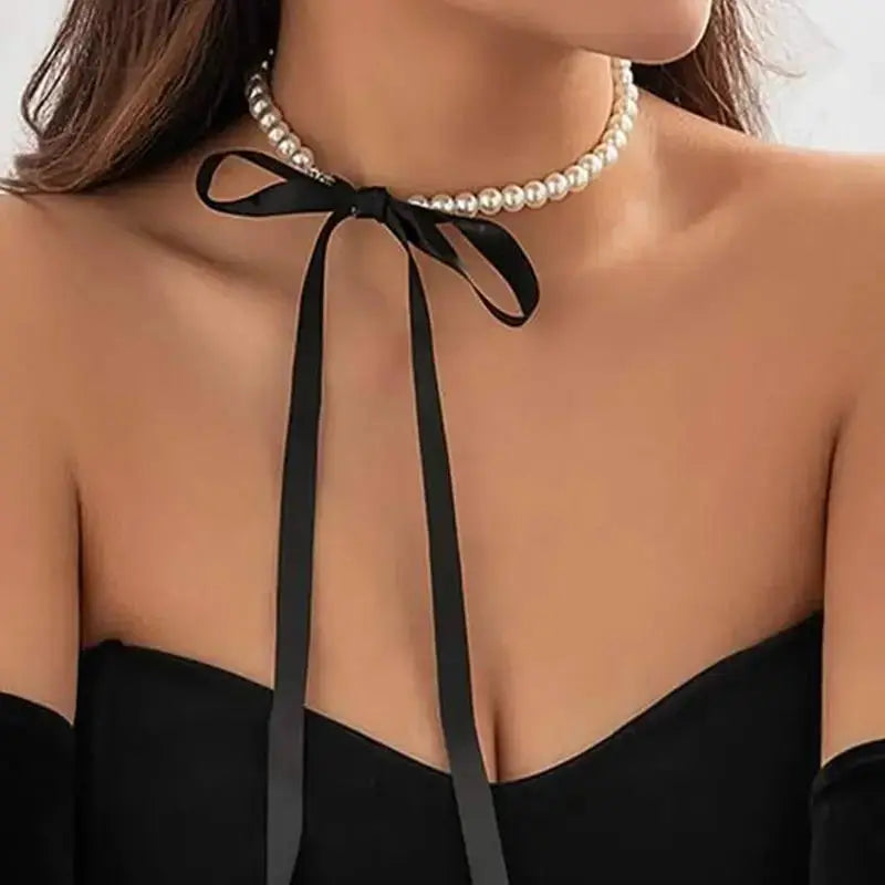 Exquisite Imitation Pearl Choker Necklace With Velvet Lace Up Bow Tie Design For Women Party Jewelry