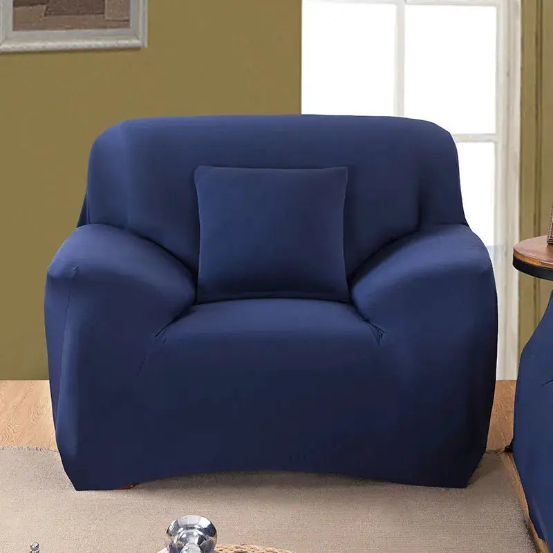 Navy jacquard polyester armchair cover with elastic fit on a 1-seat chair and matching cushion