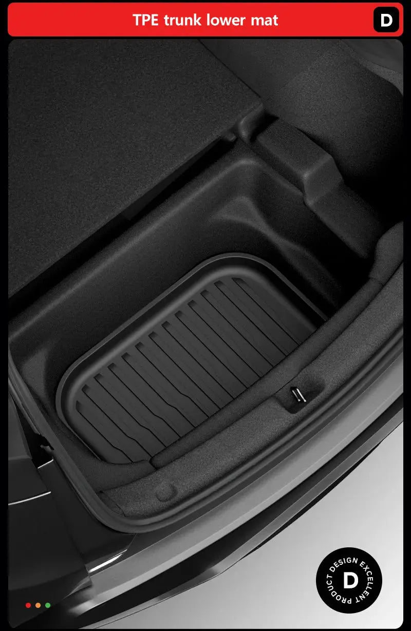 TPE trunk lower mat in black, all-weather cargo liner for Tesla Model Y and Model 3.