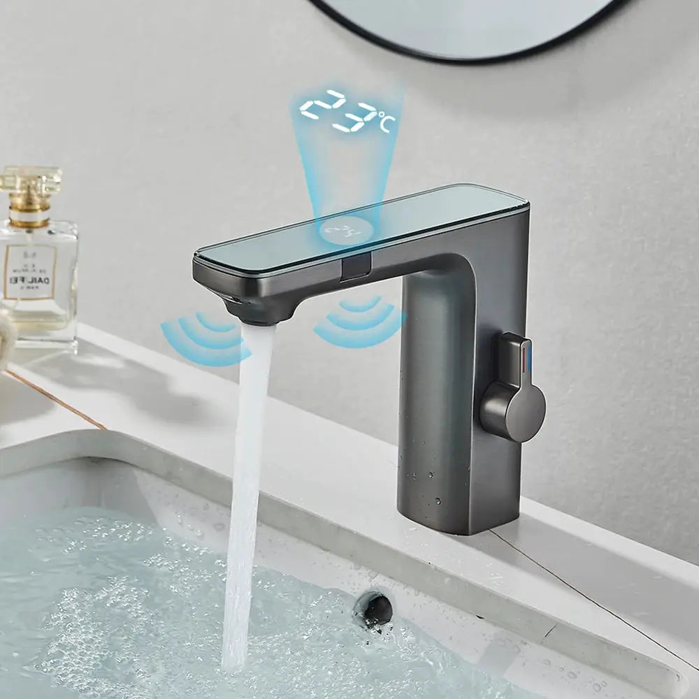 Simples Market smart sensor basin faucet with digital display, dark matte finish, touchless hot/cold mixer