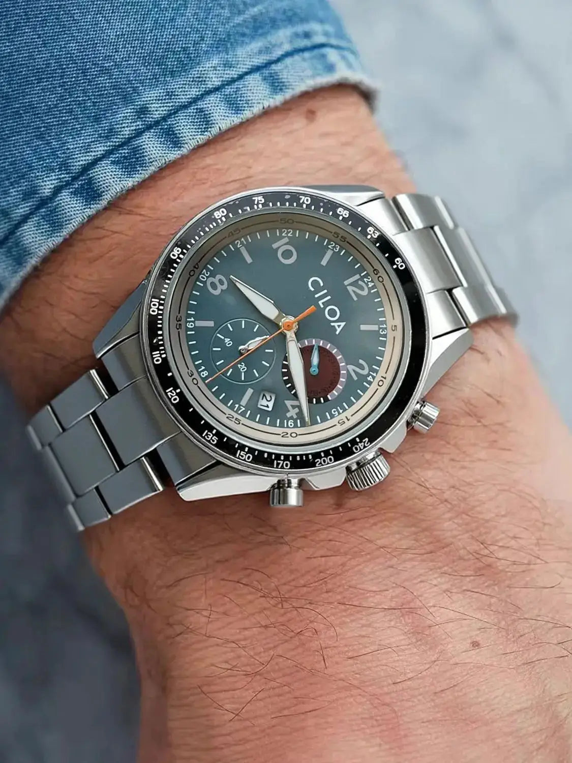 CILOA men's stainless steel waterproof quartz chronograph watch with blue dial and tachymeter bezel