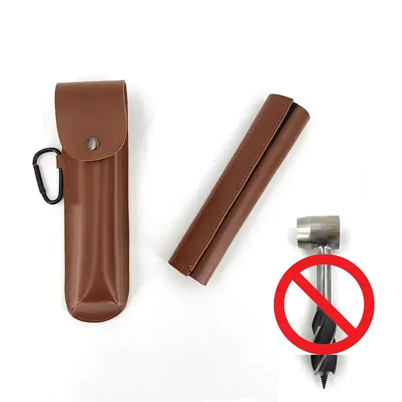 Simples Market 3-piece auger wrench survival tool set with brown leather carrying case, rolled leather sheath, and drill bit