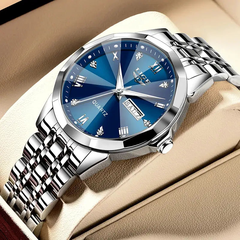 LIGE ladies stainless steel quartz watch with blue dial and day-date display