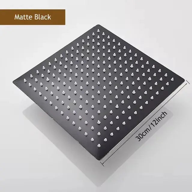 Shower head by Simples Market, matte black square rainfall, 12-inch wide, high-pressure waterfall design.