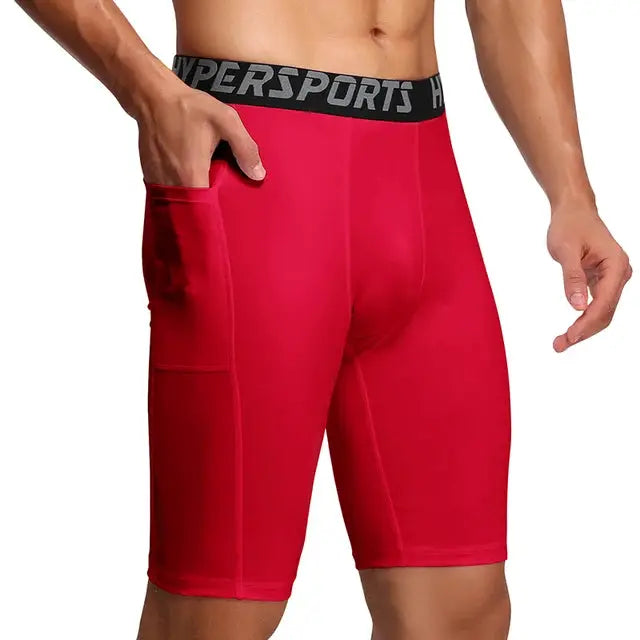 Men's red compression shorts by Simples Market with HyperSports waistband and side pocket