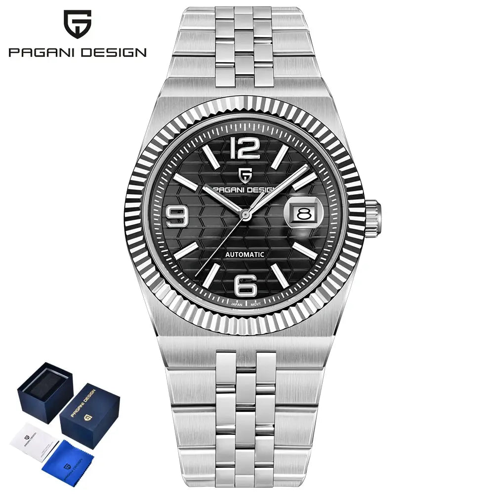 PAGANI DESIGN men's automatic wristwatch with 3D rhombus dial, date window, stainless steel bracelet