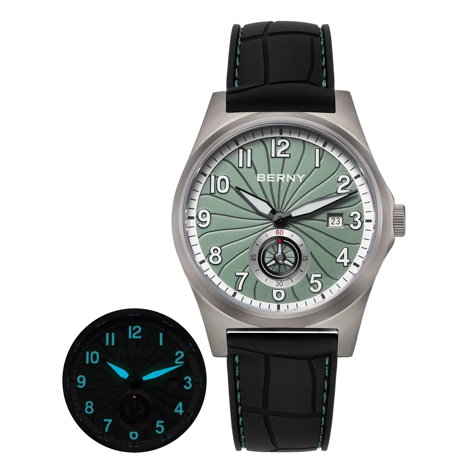 BERNY full titanium automatic men's watch with green dial and black strap; two watches shown.
