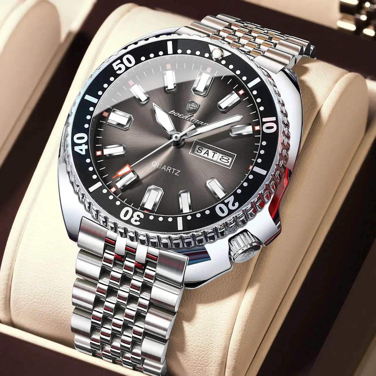 POEDAGAR men's luxury stainless steel wristwatch with date and day window, luminous markers