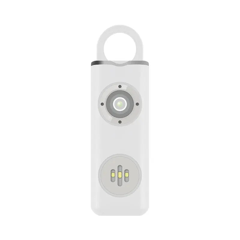 White 130dB rechargeable personal alarm keychain with LED flash