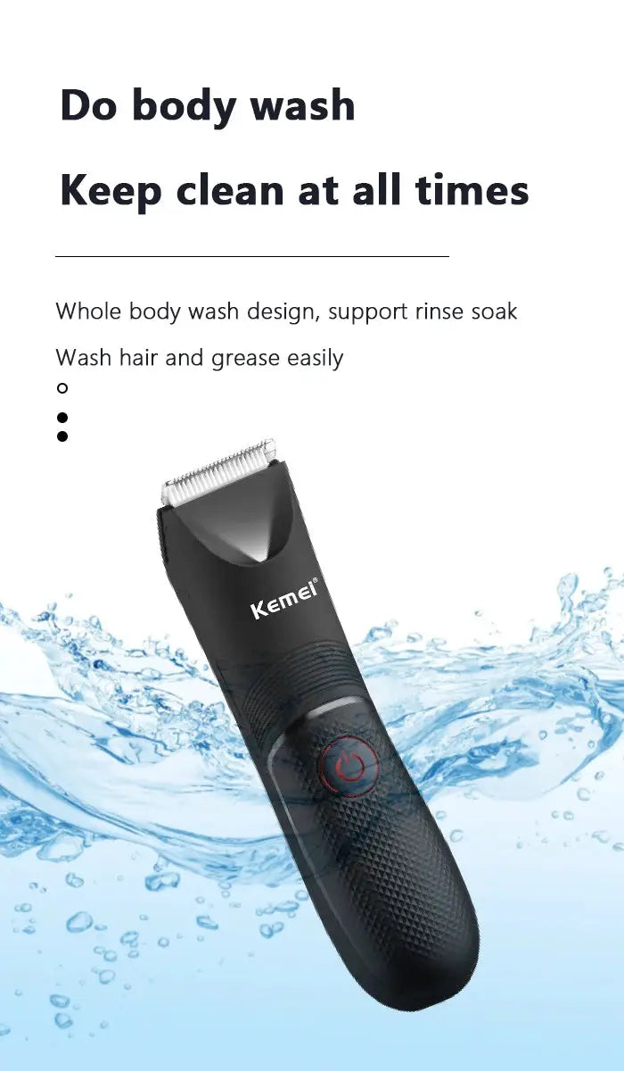 Kemei KM-1838 groin area hair trimmer, black waterproof wet-dry cordless clipper