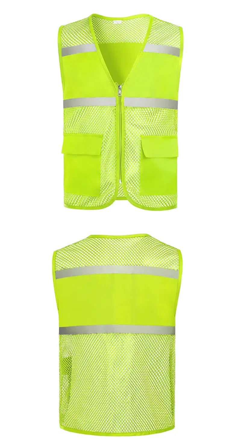 Volunteer Fishing Net Vest by Simples Market, neon yellow safety mesh with reflective bands and pockets