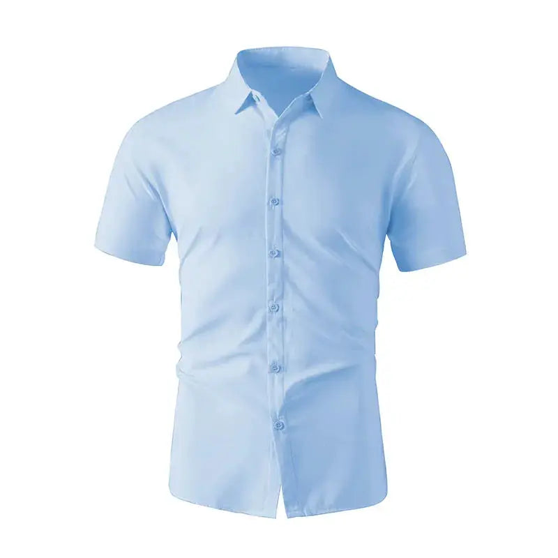 Men's light blue short-sleeve button-up shirt with no-iron finish.