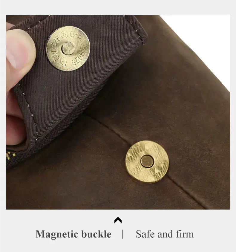 Schlatum genuine leather chest bag in brown with triangle crossbody design and magnetic buckle.