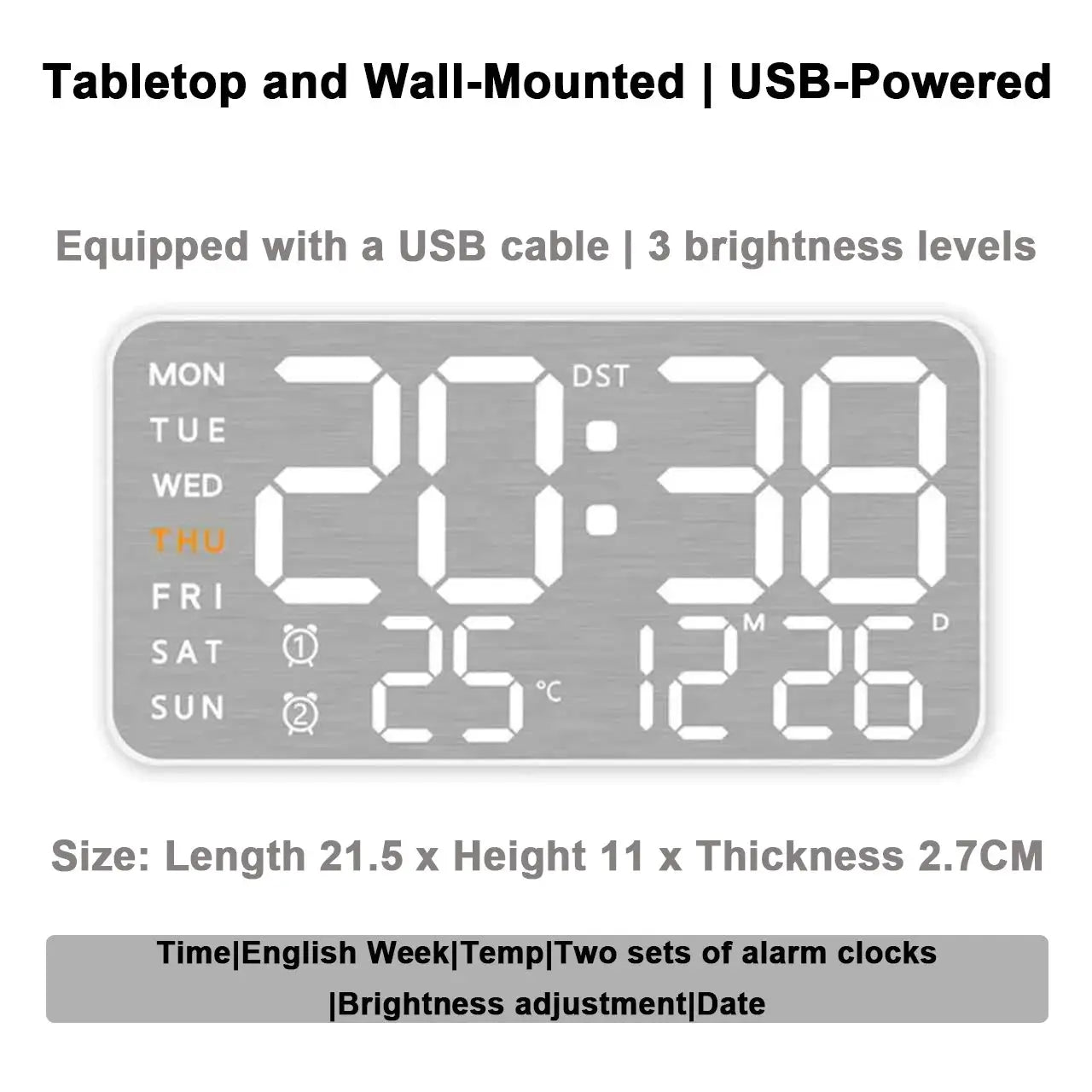 Simples Market mirror brushed finish wall clock, USB-powered with 3 brightness levels, digital time and temp
