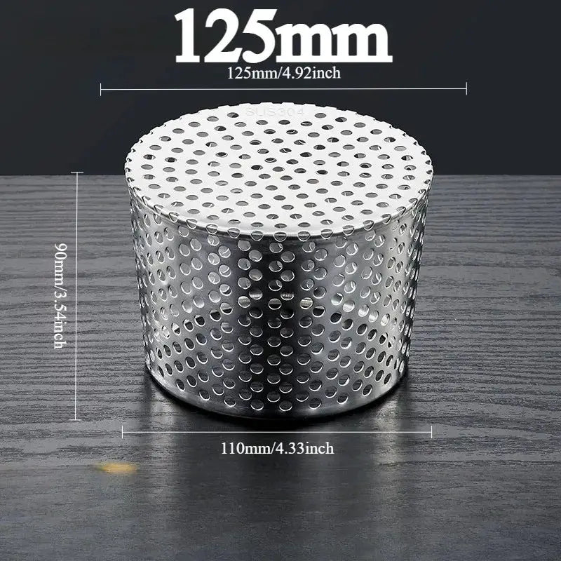 Simples Market 304 stainless steel floor drain insert with perforated cylinder, 125mm diameter and 90mm tall