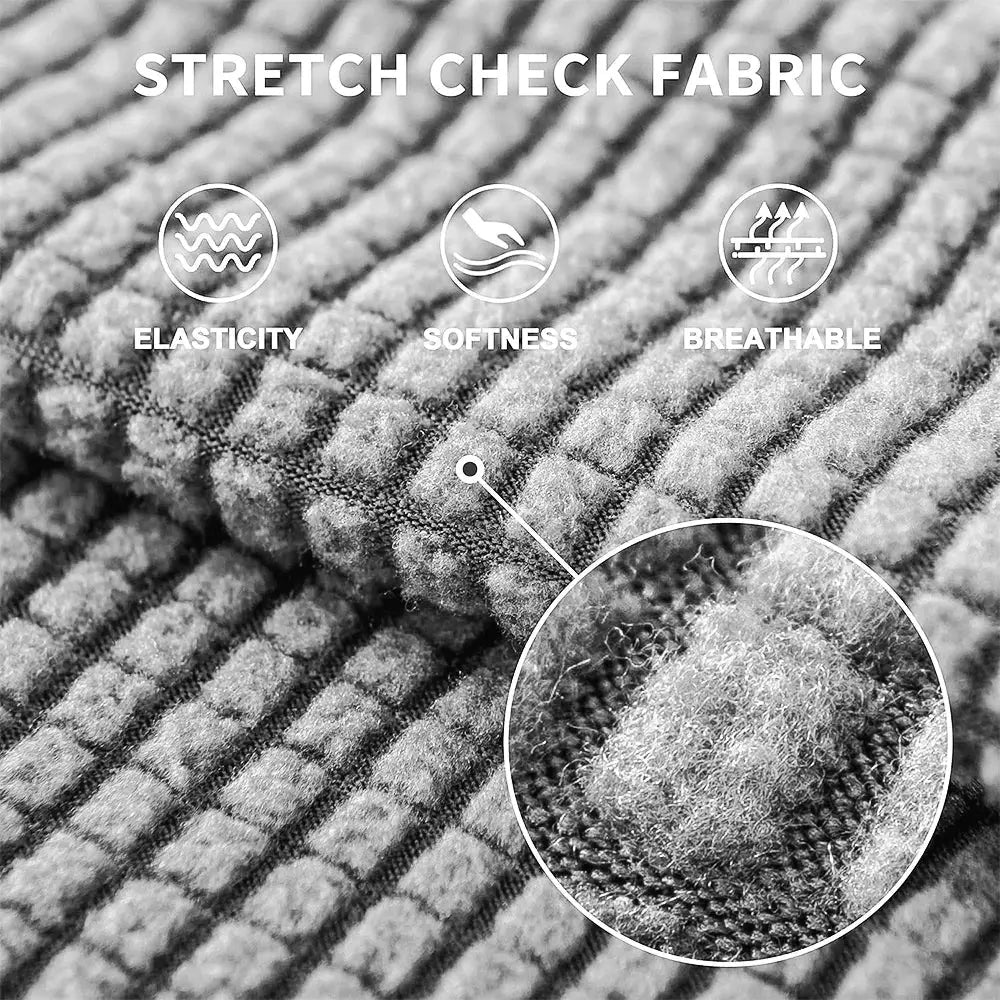 Sofa cover by Simples Market; jacquard polar fleece stretch, gray check pattern, removable couch protector.