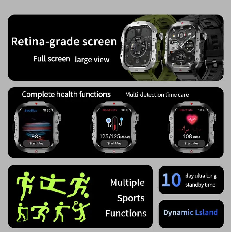 LAXASFIT Rugged Military Outdoor Smartwatch With 2.01 Inch HD Touch Screen And Voice Bluetooth Calling