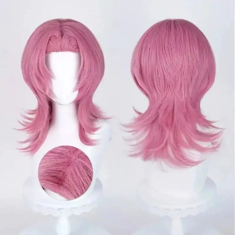 Saja Boys Jinu Abby cosplay wig, pink layered mid-length, heat-resistant synthetic hair.