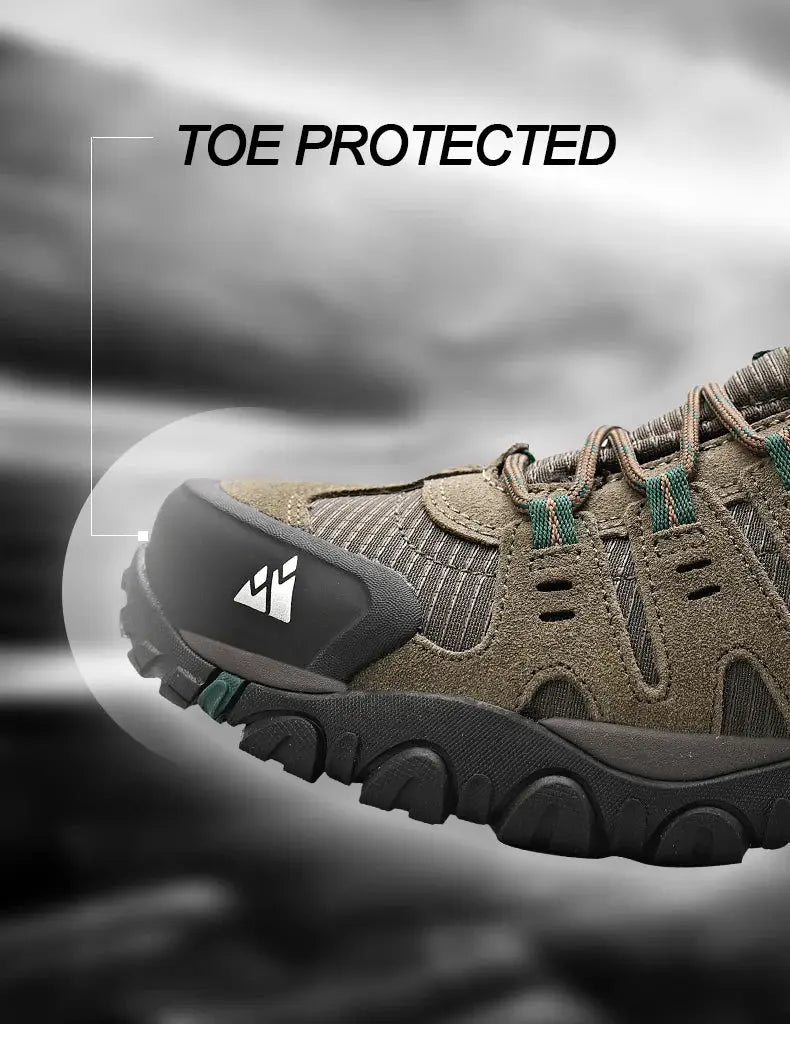 HIKEUP men's hiking shoes in brown suede leather with green laces, rugged outdoor trekking sneakers by Simples Market