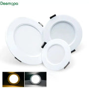 Deemopa LED recessed round panel lights in three sizes with mounting clips; warm and cool white options shown
