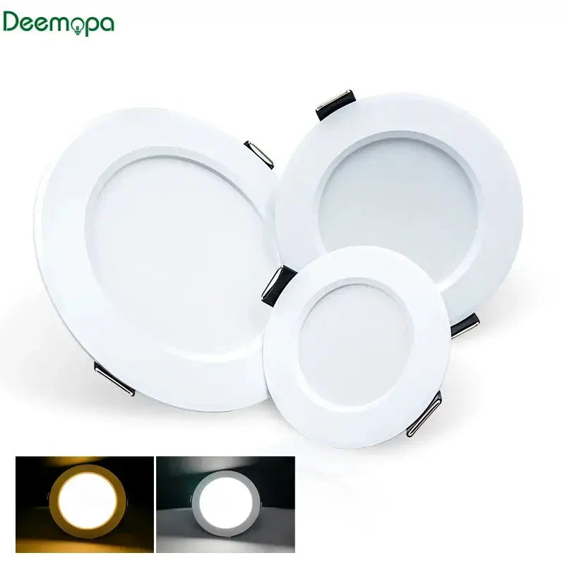 Deemopa LED recessed round panel lights in three sizes with mounting clips; warm and cool white options shown
