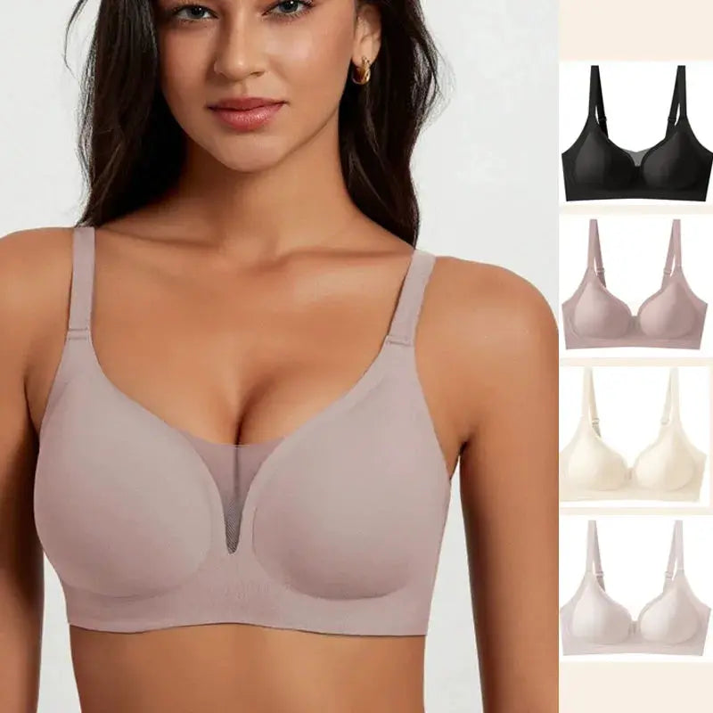 Plus-size seamless beauty-back one-piece bra, wireless push-up with rear-hook closure, nude beige; five color options