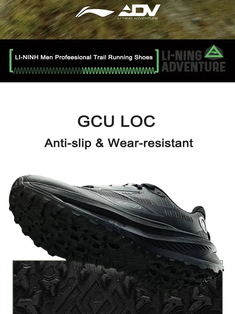Li-Ning Men's Trail Running Shoes in black with anti-slip, wear-resistant outsole