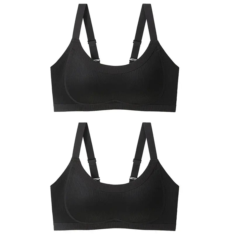 FallSweet seamless bras, two black wireless full-cup designs with soft breathable fabric